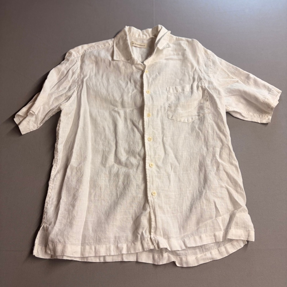 Caribbean Mens Linen Short Sleeve Button Up Shirt Large White Textured Camp Top